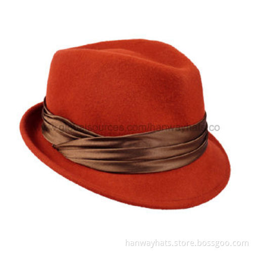 Women's Wool Felt Fedora Hat with Pleated Satin Band Trim, Fashionable